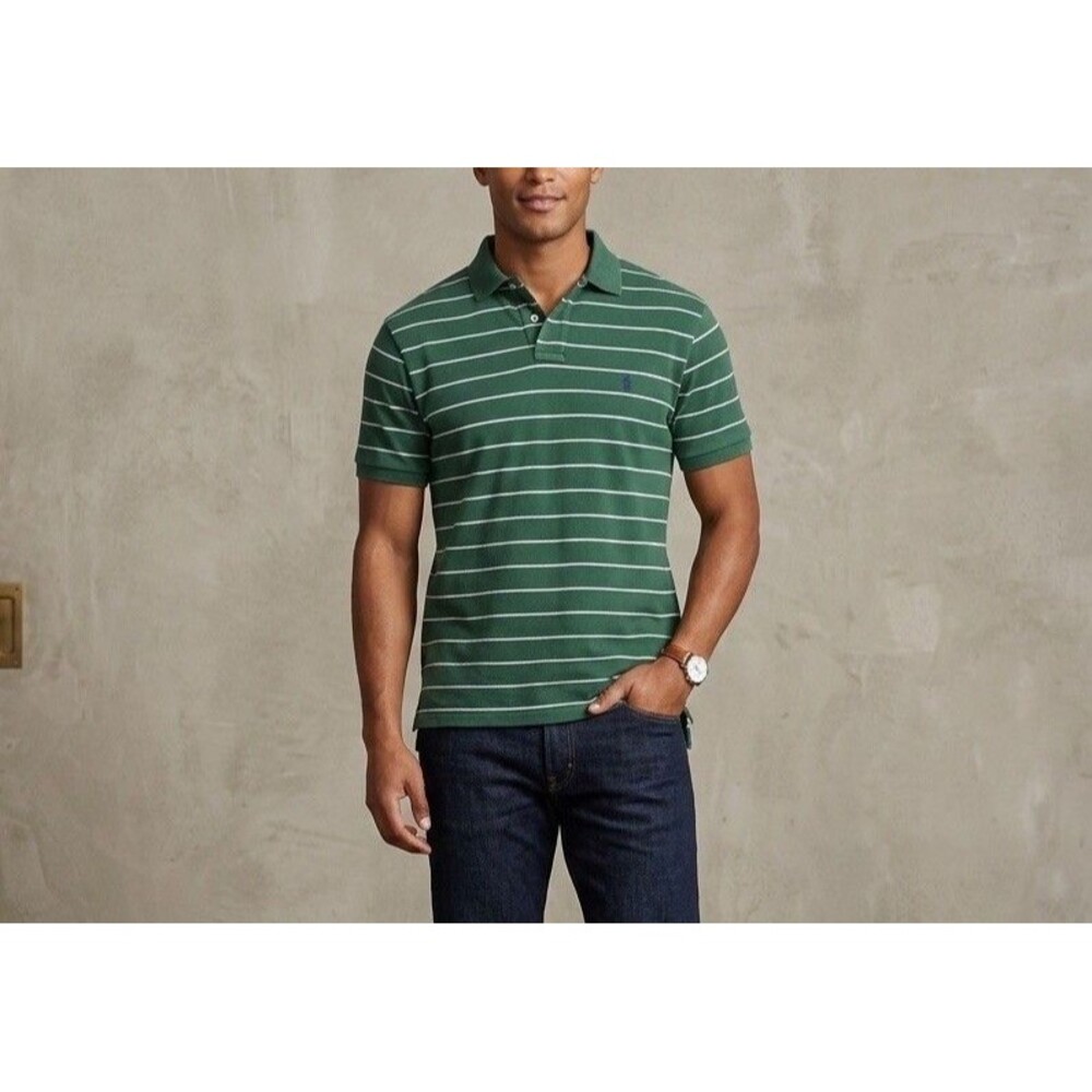 Ralph Lauren Polo Men's L Pima Stretch Mesh Green Striped Blue Pony Logo Cotton